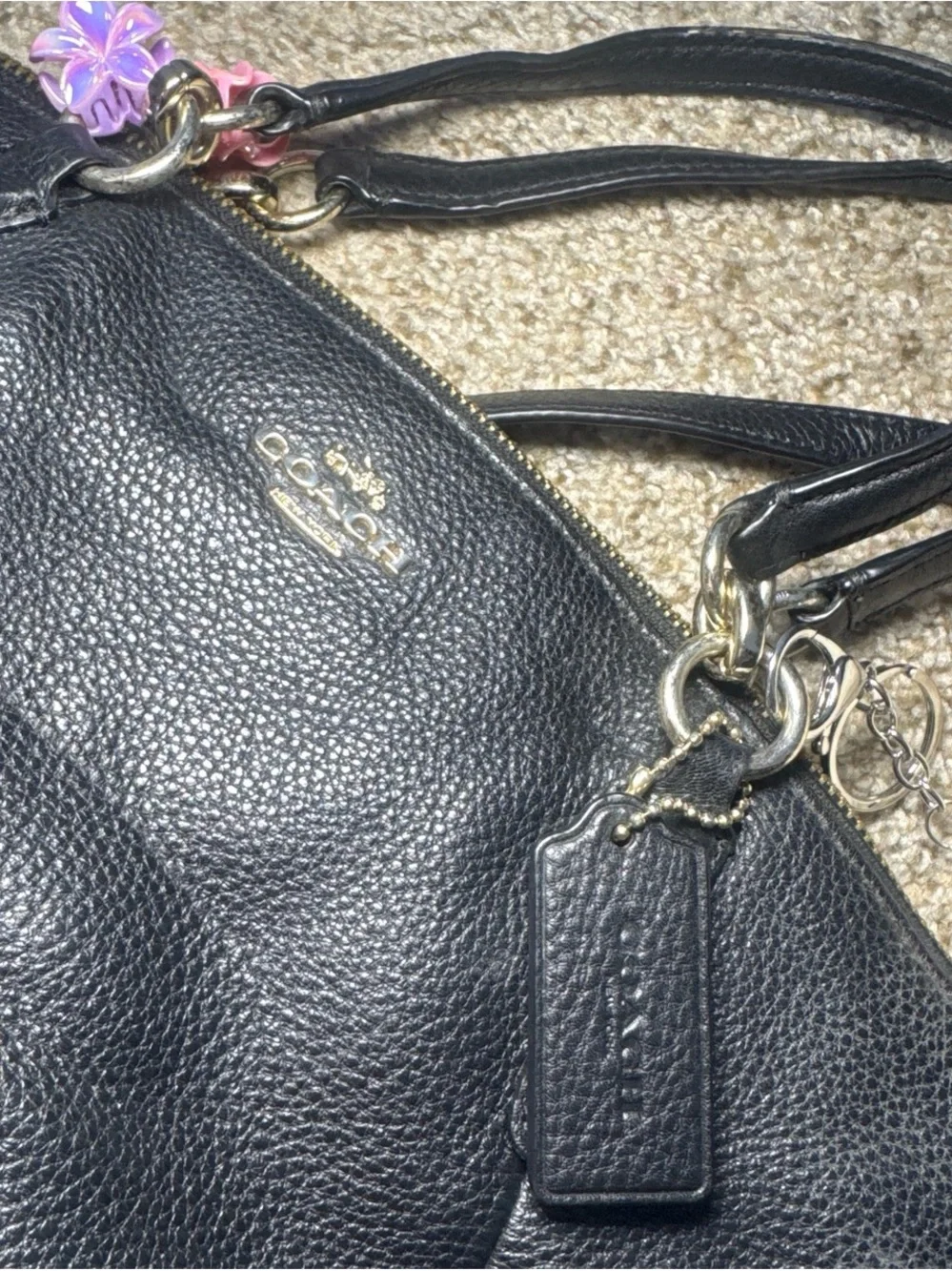 Coach Black Pebbled Leather Shoulder Tote with Plush Charm and Flower Clips